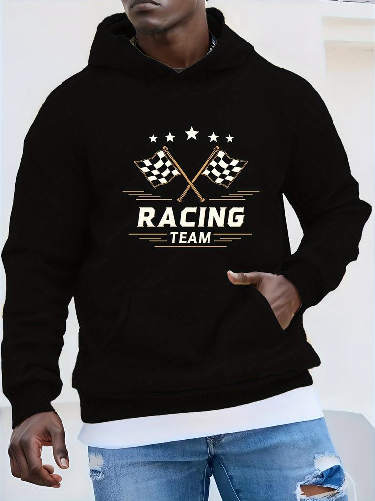 RACING TEAM Plus Size Hoodie - Casual Geometric-Patterned Non-Stretch Fabric