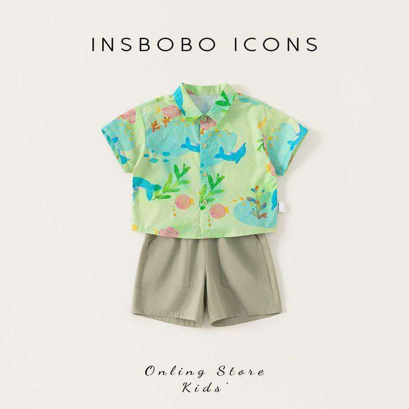 Insbobo Boys  Summer Clothing 2026 New Style Boys  Outfit Summer Children s Shirt Two-Piece Set Trendy Baby Clothing Green 80