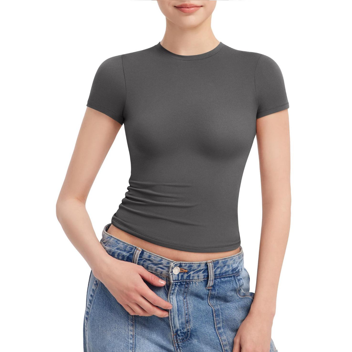 

GMXIA Женские модные повседневные летние однотонные блузки и рубашки с короткими рукавами и круглым вырезом с принтом XXL темно-серого