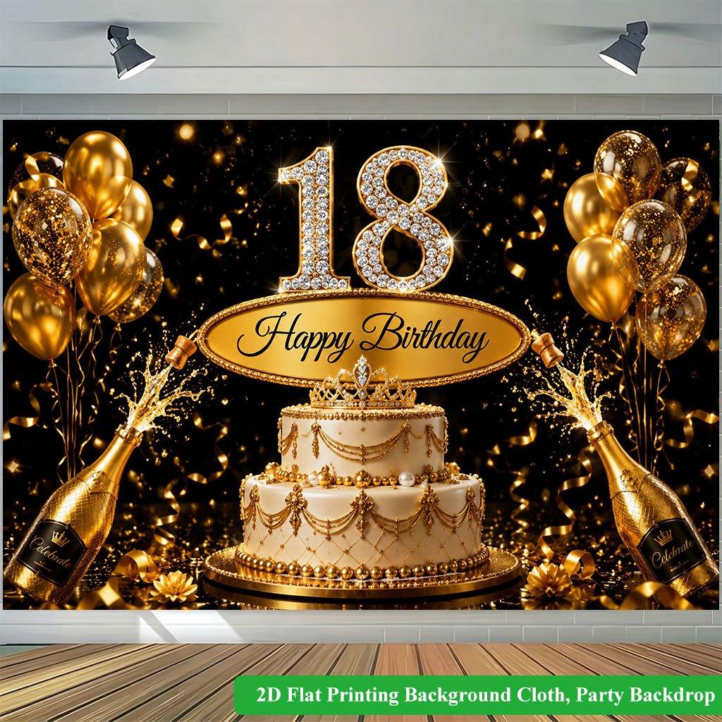 2D Flat Backdrop1pc Gold Theme Birthday Party Backdrop Banner Polyester Wall Decor For Living Room Bedroom Office Outdoor Decor Party