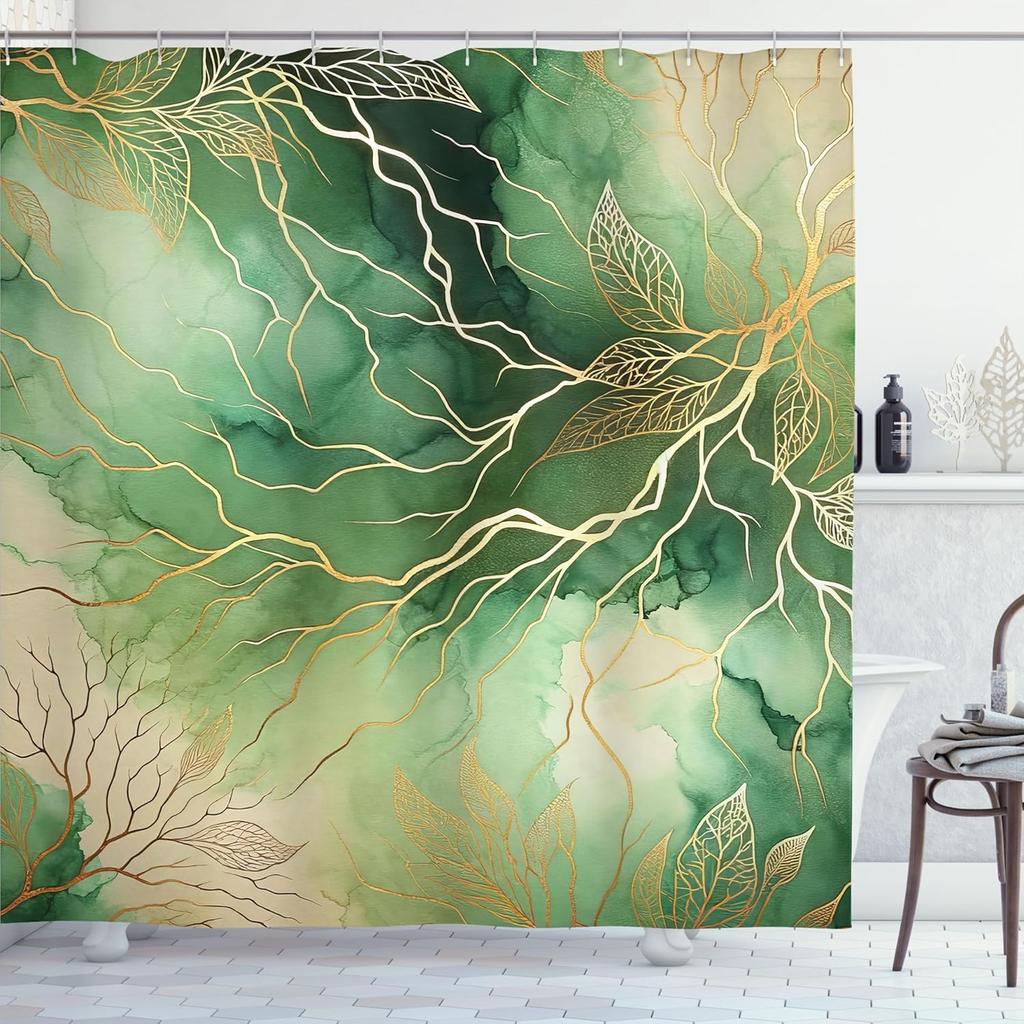 Rideau de douche Feuille Aquarelle Verte avec Nervures Dorées et Design Nature Abstrait Tissu Résistant à l'Eau Salle de Bain Bohème Moderne