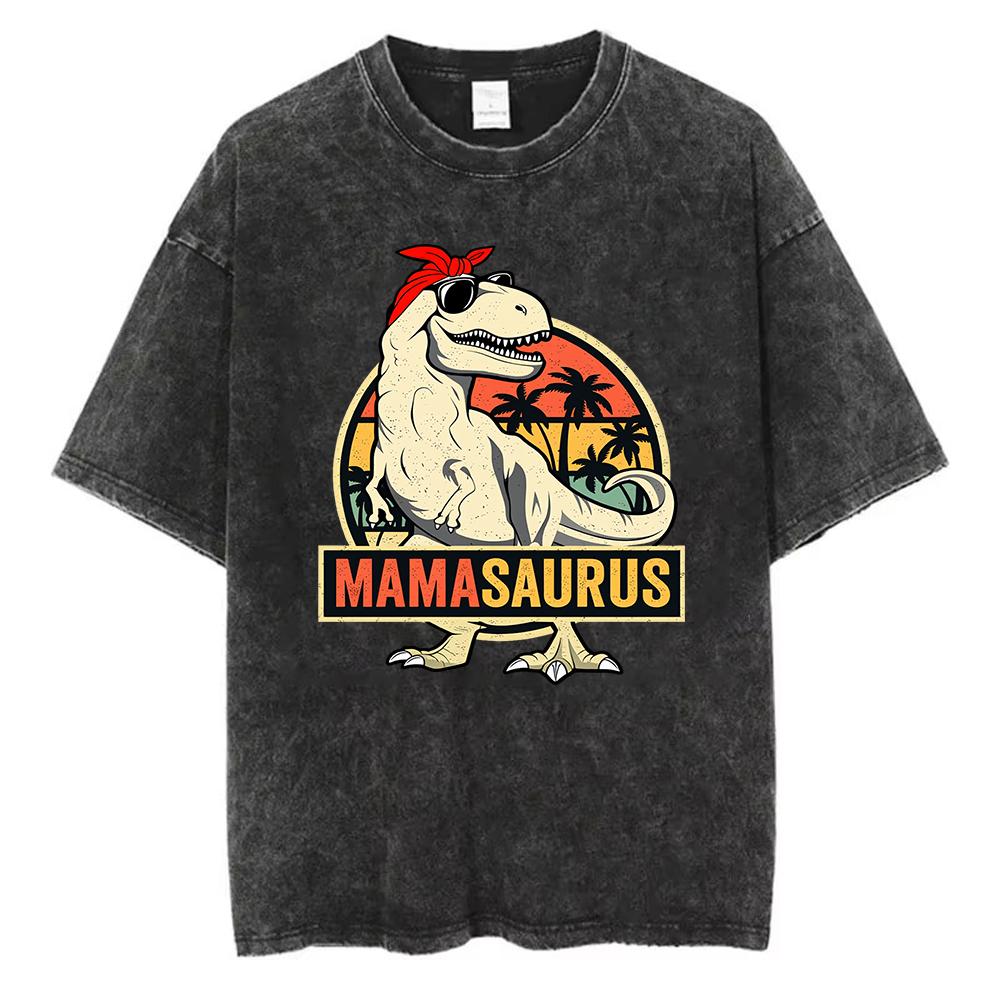 Vintage Washed Cotton TShirt Women Mamasaurus Graphic Tee Mothers Day Gift Acid Wash Retro Dinosaur Streetwear Top