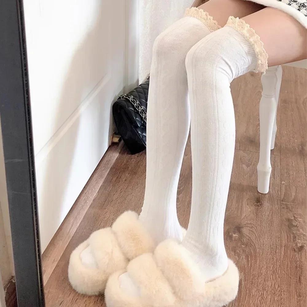 JK Lace Socks Lolita Lace Stockings Women Knitted Pattern Girls Cute Elegant Solid Color Winter Warmer Floor Hosiery