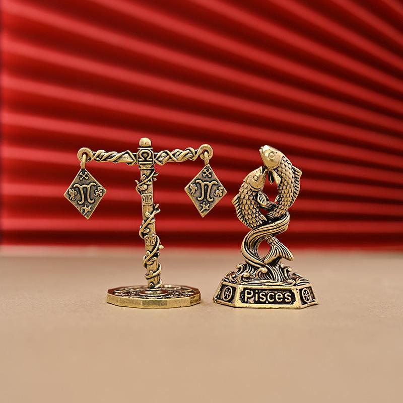 Vintage Brass 12 Constellation Figurines Handcrafted Durable Ornament for Desk Shelf Bedroom Decor Unique Birthday Gift
