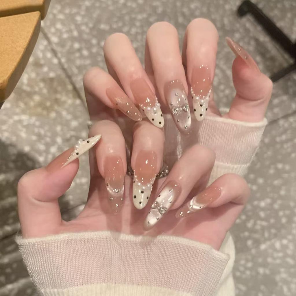 Cream Apricot Polka Dot Sparkly Press On Nails Medium Almond Sweet French For Ladies 30pcs Box & Strip Non Special Cosmetics