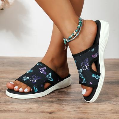 Fashion Butterfly Printing Big Size 43 Slippers Women Lightweight Flat Casual Wedge Slides 2024 Retro Peep Toe Ladies Sandals