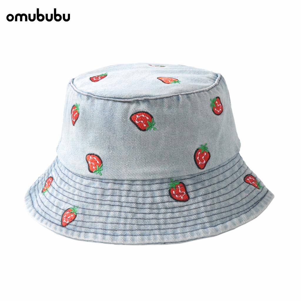 Hat Female Versatile Wide Brim Round Face Showing Face Small Shading Denim Bucket Hat Embroidered Strawberry Pattern Basin Hat Tide