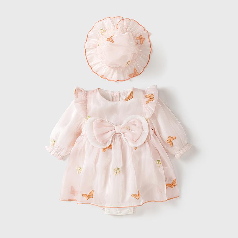 

Spring Autumn Baby Girls Cute Pink Romper Dress Outdoor One Piece Princess Jumpsuit Infant Butterfly Bodysuits with Hat 6-18M 18M рожевий