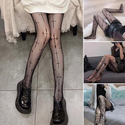 High-Waist Elastic Waistline Thin Hollow Women Stockings Sexy Cross Pattern Fishing Net Stockings Club Wear