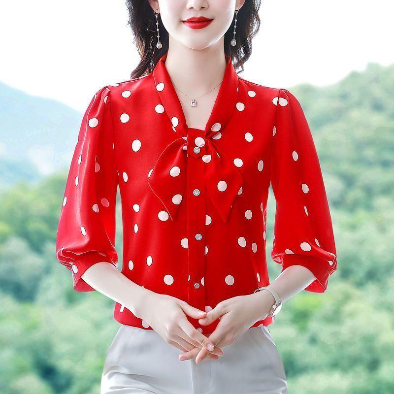 Modisches, viertelärmeliges Chiffon-Hemd mit Schalkragen, bodenlange Bluse, schmale Passform, Sommer, dünnes, kurzes Polka-Dot-Print-Top, M-5XL