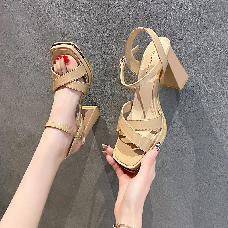 Fashion Open-toe One-line Buckle High Heels Women's Fashion Sandals Summer New Women Europe and The United States Thick Heel Roman Shoes