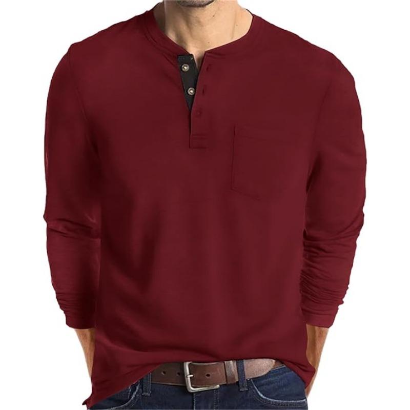 Fashionable Men's Henley Shirt Long Sleeve Button-up T-shirt with Pocket Digital Print Solid Pattern