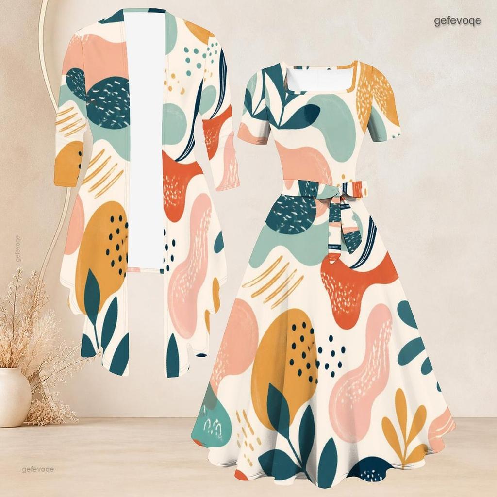 Women Plus Size Two Piece Set Printed Square Neck Short Sleeve Tie Waist Flared Dress And Long Sleeve Cardigan