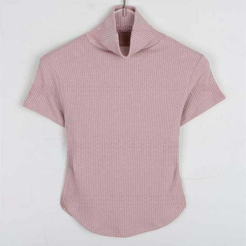 

Elegant Korean High Neck Slim Fit Short Sleeve T-Shirt for Women One Size розовый