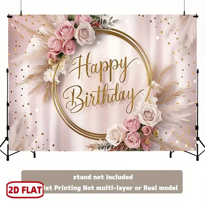2D Black Rose Gold Birthday Backdrop, Elegant Party Photography Background Cloth