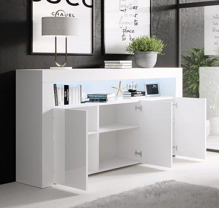 Buffet Bahut avec Led - Blanc - AKER - 155 x 91,5 x 37cm