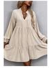 Shi Ying Women's Solid Color Autumn Midi Dress - Long Sleeve, Drawstring, Pointed Collar, Loose Fit