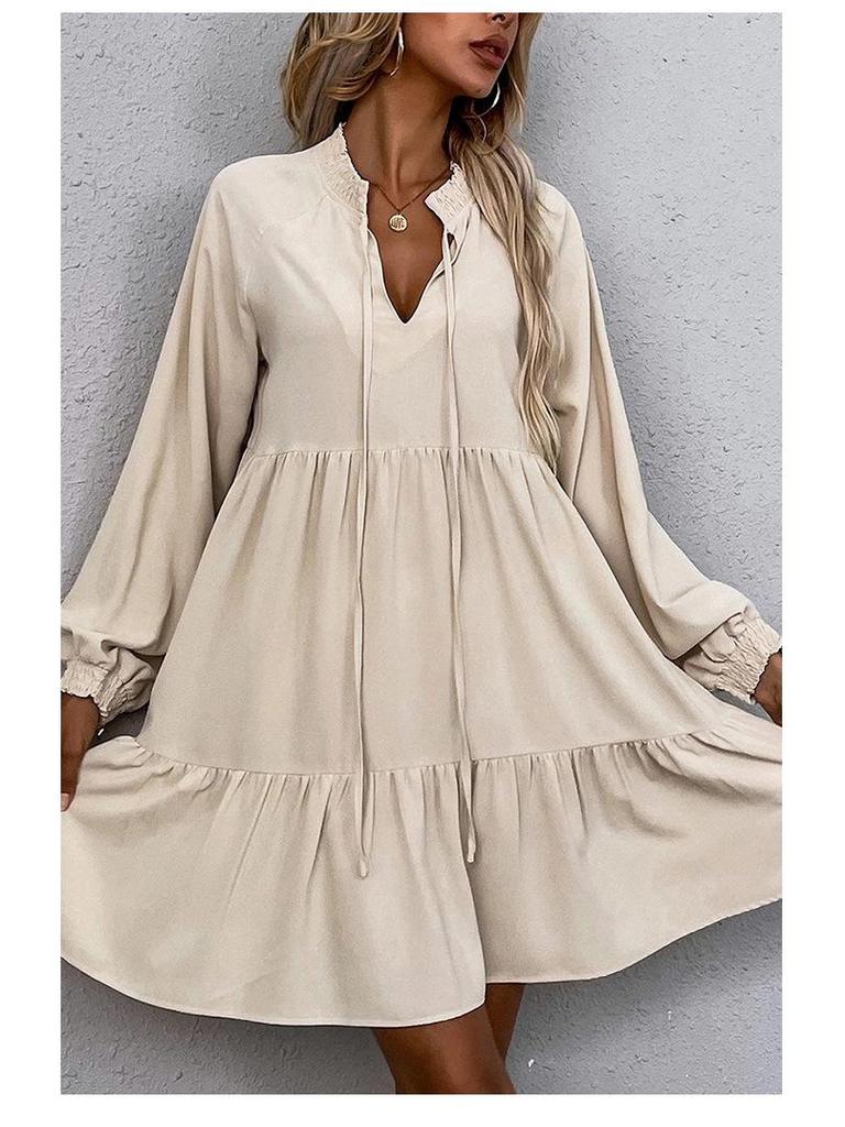 Shi Ying Women's Solid Color Autumn Midi Dress - Long Sleeve, Drawstring, Pointed Collar, Loose Fit
