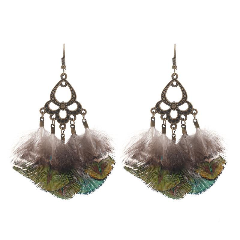 Retro Peacock Feather Fringed Earrings Women's Bohemian Fashion Elegant Temperament Versatile Long Earrings