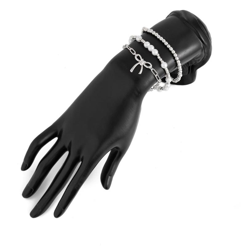 Modern Bowknot Detail Imitation Pearls Bracelet with Alloy Clasp Adjustable Chain Elegant Jewelry For Women