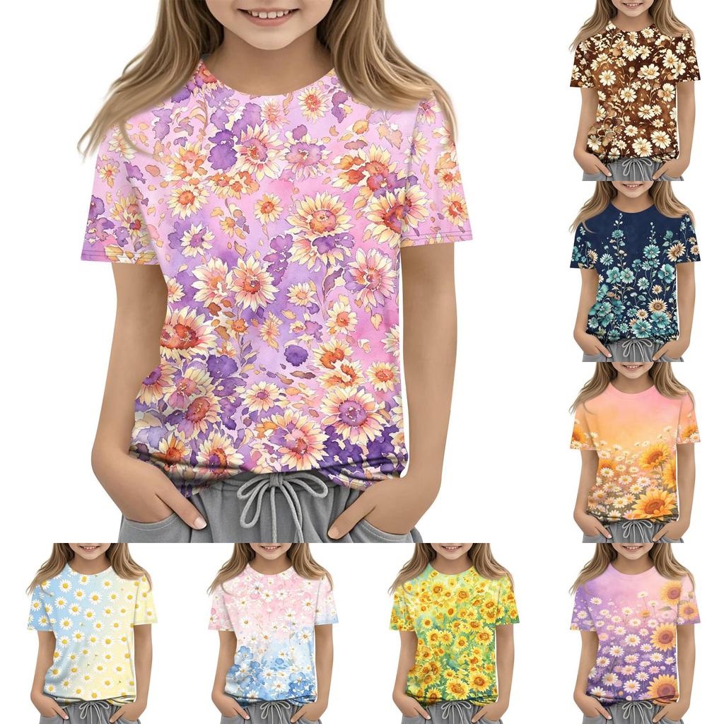 Kinder Blumenprint Rundhals Kurzarm Lässiges Lockeres T-Shirt Top Bequemer Leichter Stoff Geeignet für den Alltag