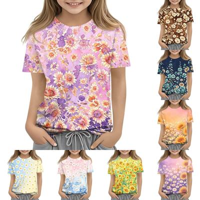 Kinder Blumenprint Rundhals Kurzarm Lässiges Lockeres T-Shirt Top Bequemer Leichter Stoff Geeignet für den Alltag