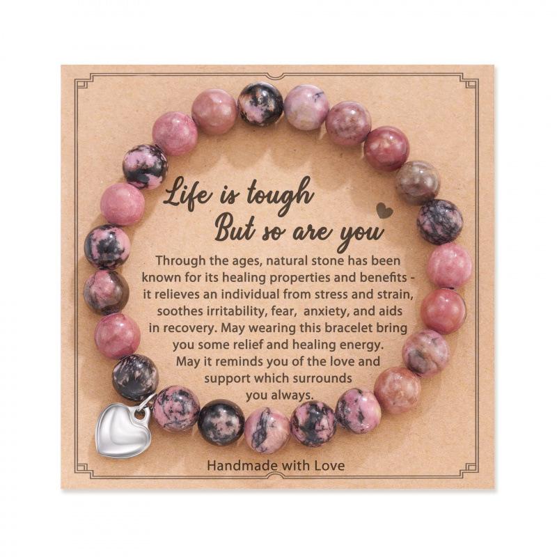 8mm Pink Zebra Stone Bead Bracelet with Gift Card: Perfect Holiday Friendship & Love Gift for Men & Women
