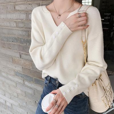 Autumn V-neck Knitted Bottoming Shirt Women's Solid Color Loose Casual Versatile Sweater Jacket Top Splicing Design