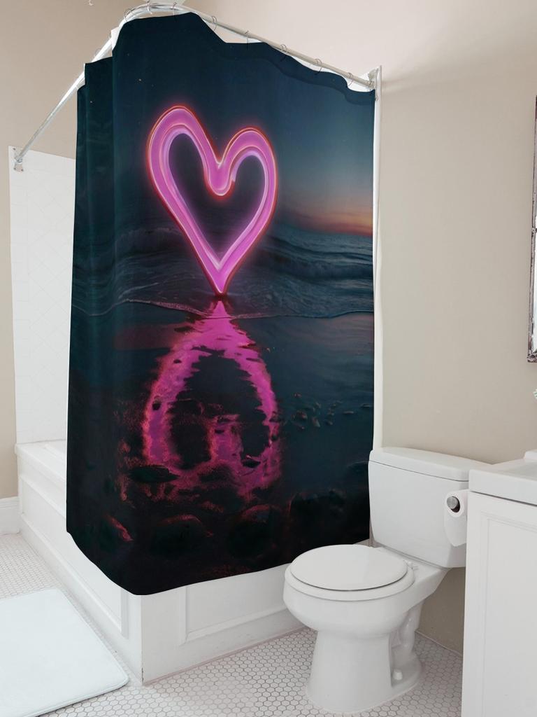 3D Neon Heart Beach Shower Curtain | Romantic and Modern Bathroom Decor