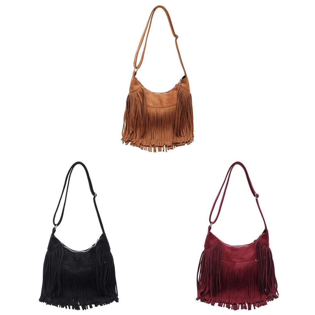 Borsa a Spalla Grande con Frange in Ecopelle per Donna Stile Streetwear Moda