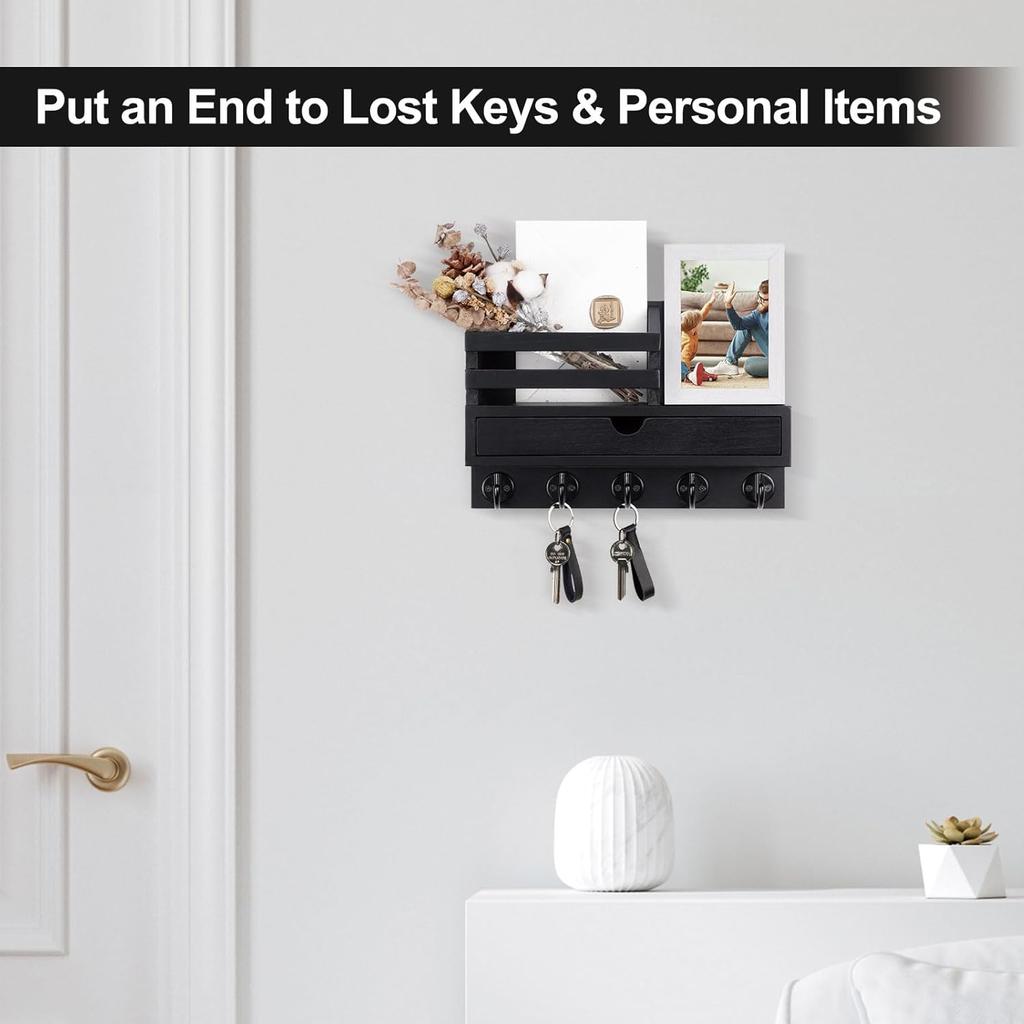 Wall Key Holder with Mail Shelf Drawer and 5 Hooks Entryway Organizer Black