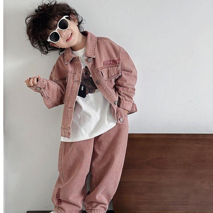 Children's Denim Outfits for Kids Spring and Autumn Pink Cool Handsome Baby Jacket Boys' Two-Piece Set Trendy and Cool