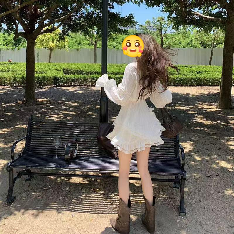 Super Fairy Waist Thin Long-sleeved Dress Women's Spring and Autumn Puffy Cake Skirt Temperament Sweet Little White Skirt