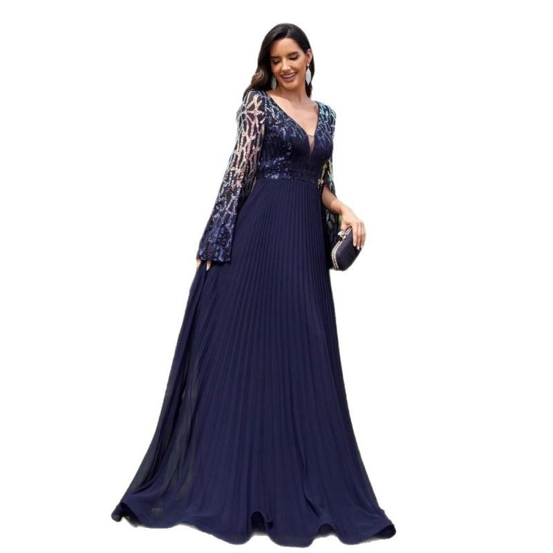 Elegant Sequin Panel Evening Gown Long Sleeve Split Formal Dress Bridesmaid Party