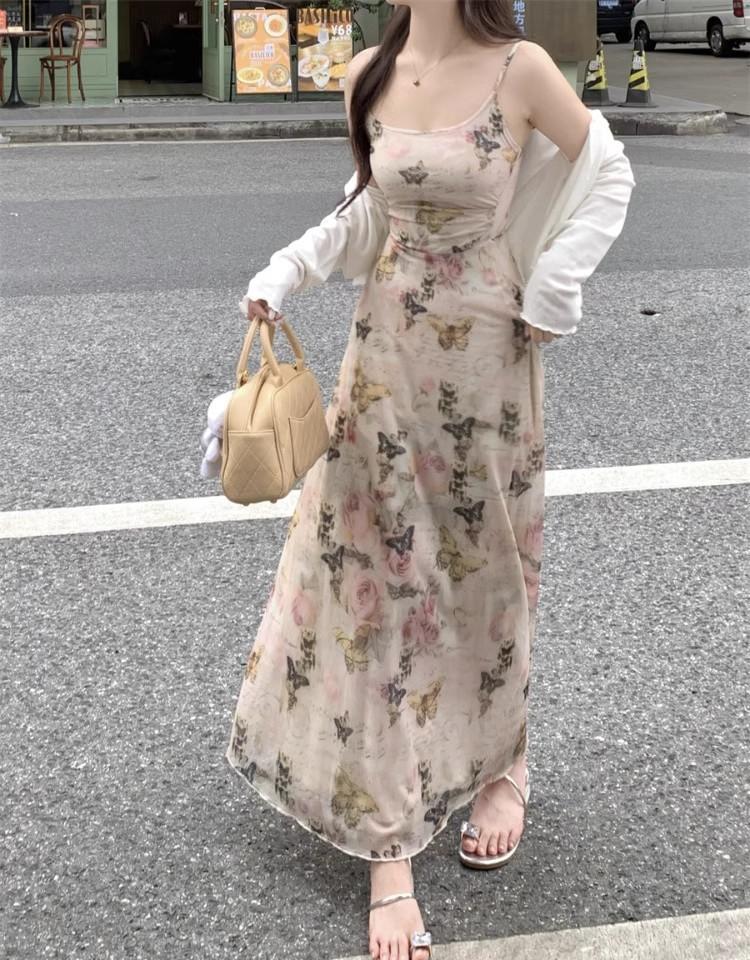 Coffee Break French Butterfly Suspender Suit Dress Women's Summer New Holiday Style Beautiful Feeling Waist Thin Pure Desire Skirt