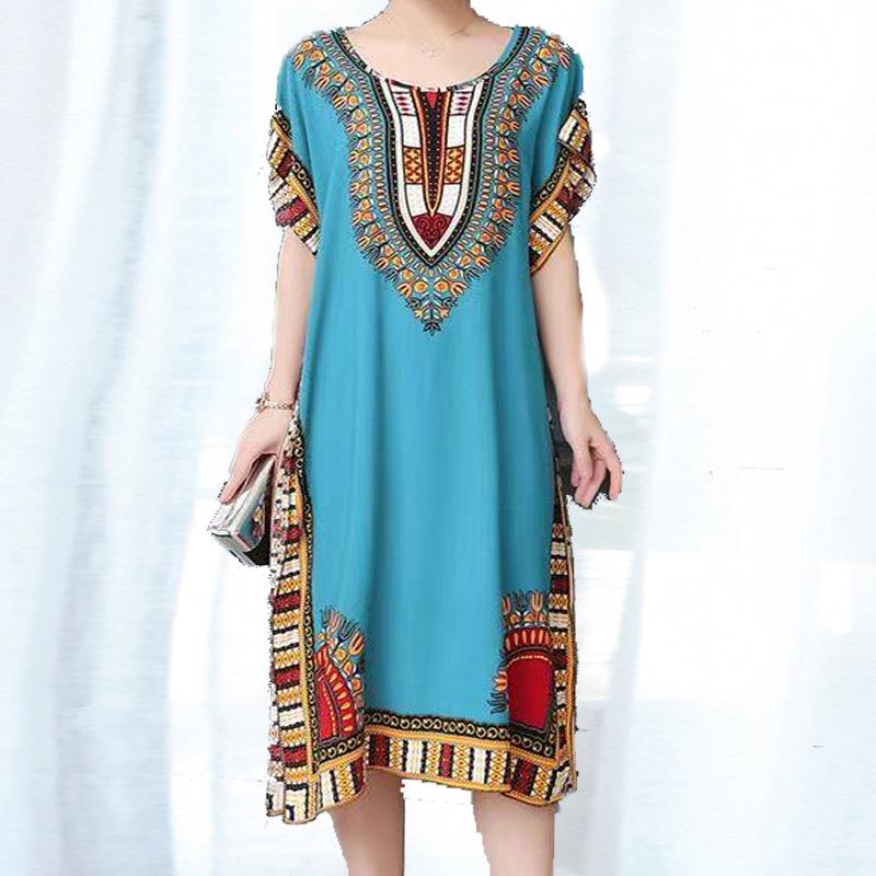 Summer Cotton Silk Loose Fit Mid-Length Bat Sleeve Dress for Women - Plus Size, Belly Covering, Slimming Beach Dress for Moms