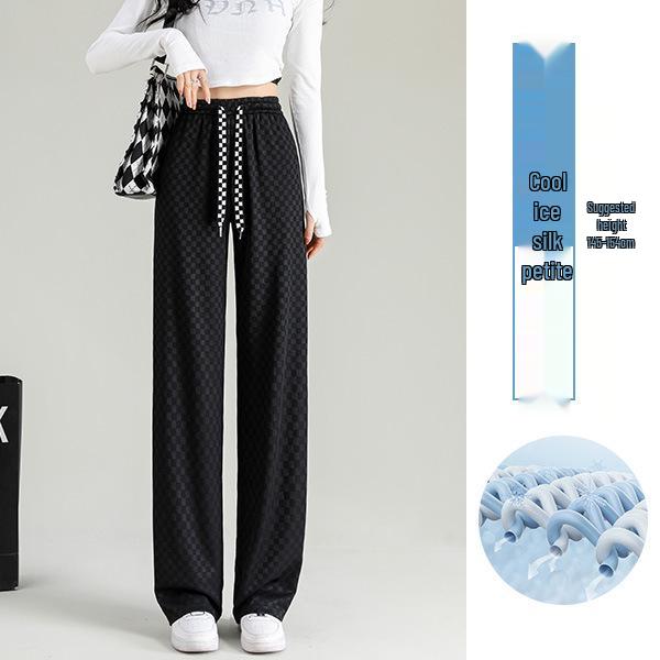Checkered Ice Silk Wide-Leg Pants for Women, Summer 2025: High-Waist, Floor-Length, Casual Petite Straight-Leg Design