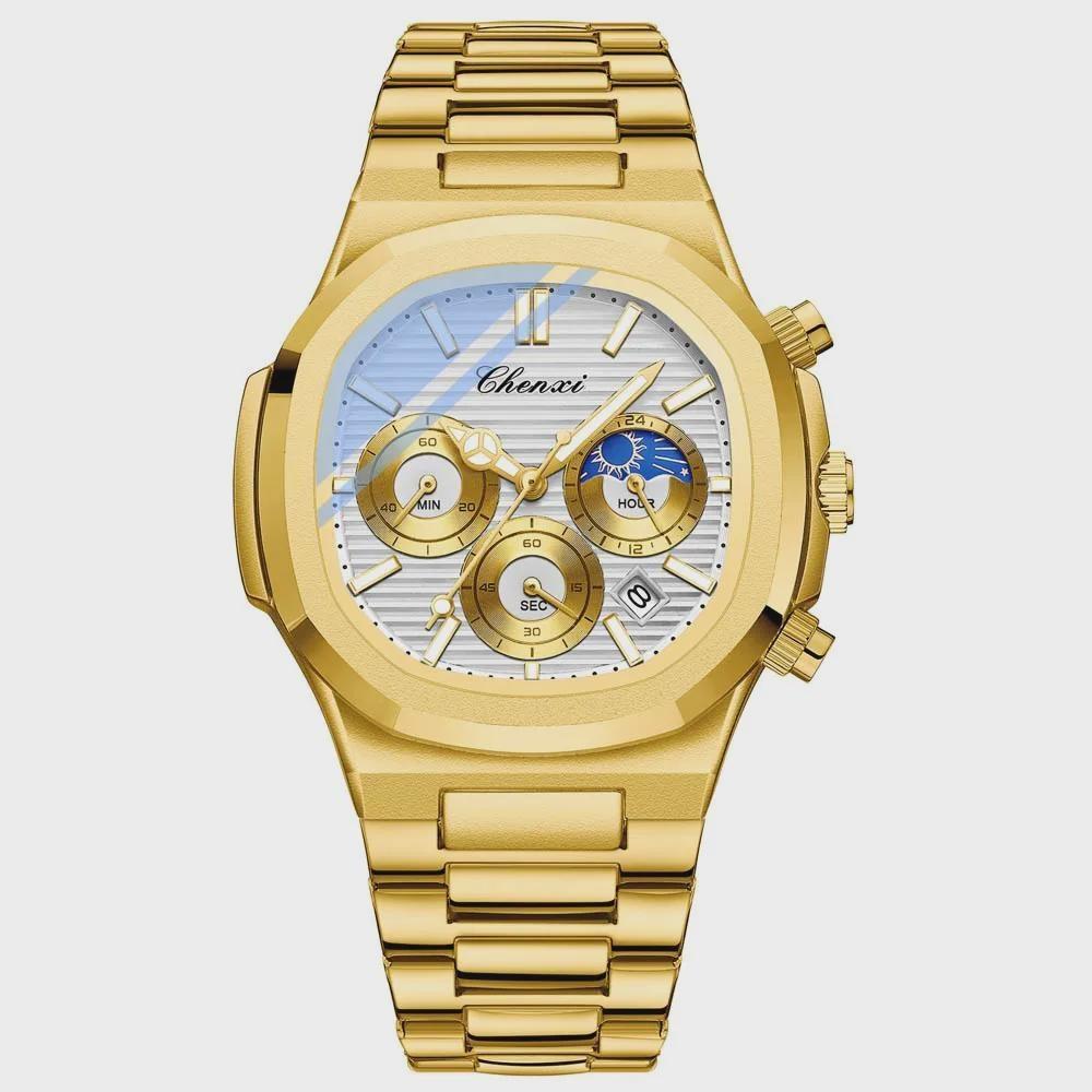 Men's Multifunction Quartz Watch Chronograph Luminous Water-Resistant Luxury Golden Steel Bracelet Men Moonswatch