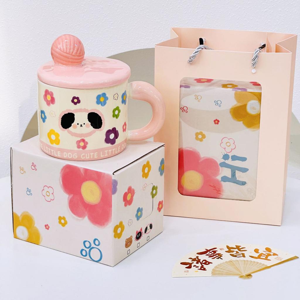Girls' Heart Cute Cartoon Birthday Ceramic Mug Office High looking Water Cup with Lid Souvenir Gift Animal Cup