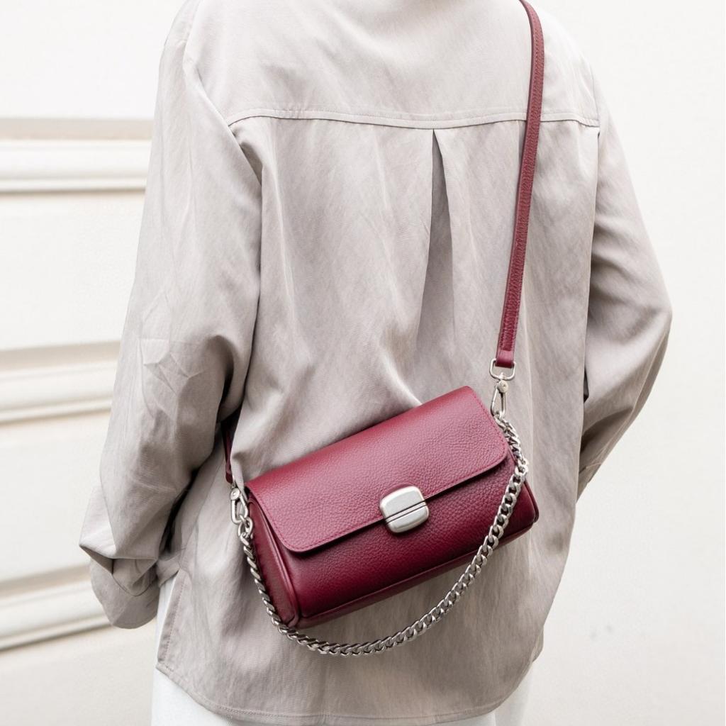 Soft Leather Cylinder Women's Bag Leather Women's Crossbody Bag Commuter Chain Small Bag Single Shoulder Crossbody Niche Mom Bag