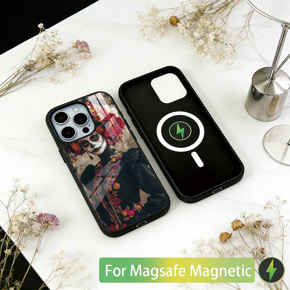 Mexican Catrina Skull Girl Phone Case For iPhone17,16,15,14,13,12,11 Plus,Pro Magnetic For Magsafe Wireless Charging