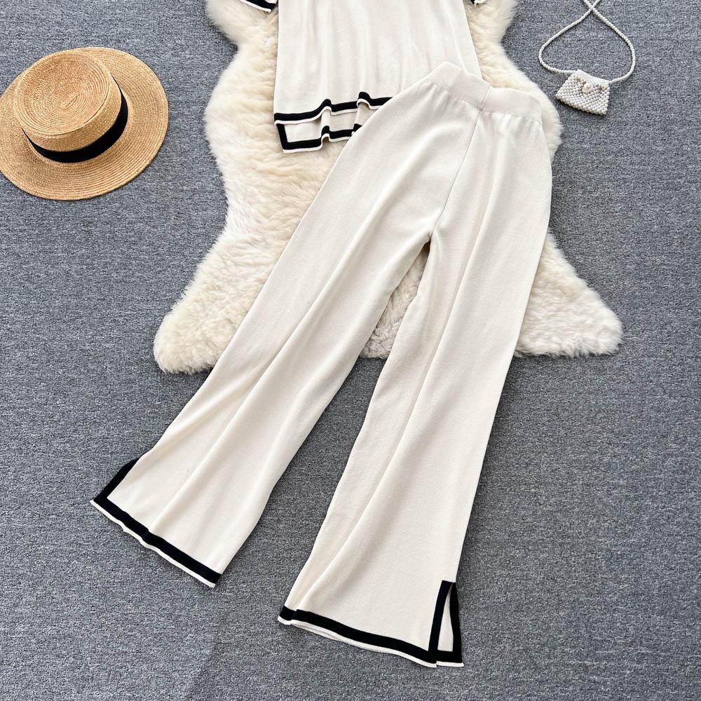 Basic O-hals Vår Sommar Kvinnor Stickad Tröja Set Mode Lös Casual Tvådelad Kortärmad Träningsoverall Dambyxdräkt