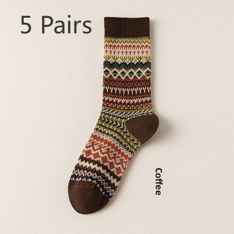 5 Pairs Autumn and Winter Socks for Women Maillard Mid-tube Pile for Women Socks Spring and Autumn Double Needle Double Road Deodorant Cotton Socks