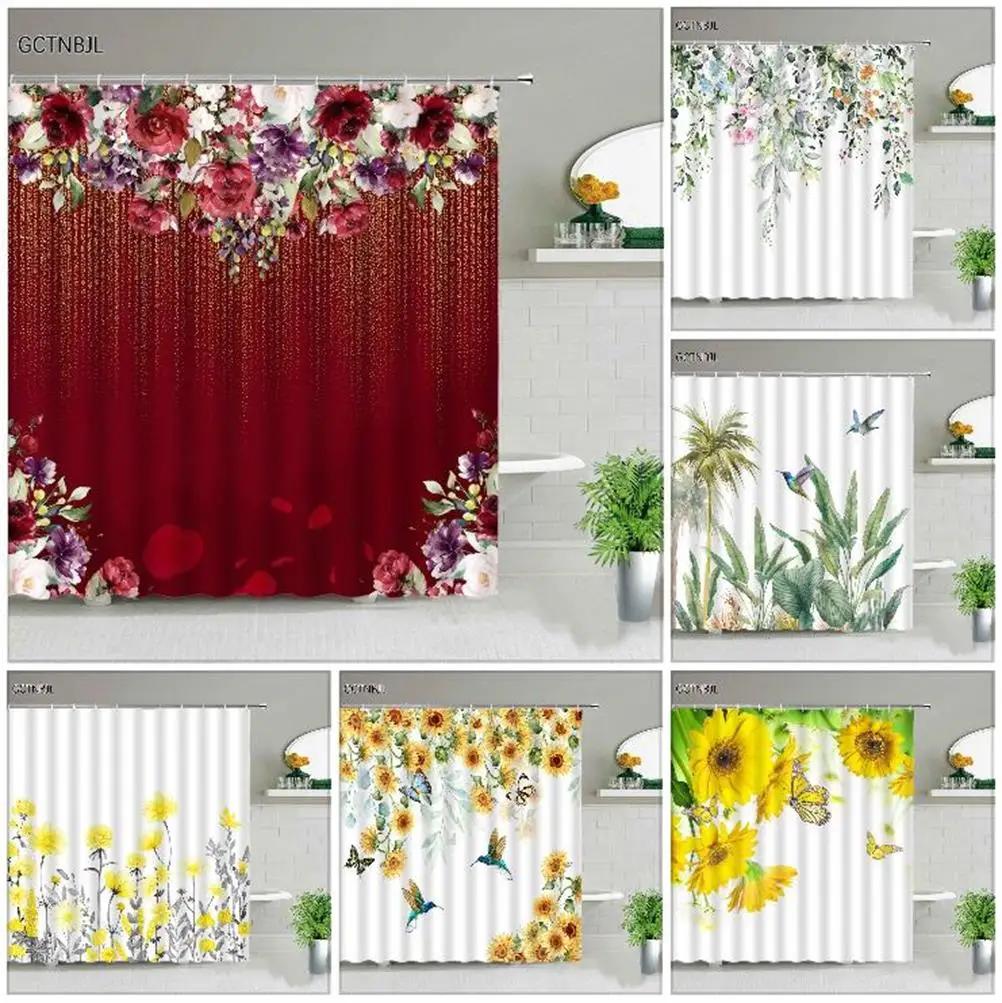 Textile Article Green Tropical Palm Leaf Shower Curtain Plant Leaves Daisy Sunflower Butterfly Hummingbird Shower Curtain Bathroom Decor Hooks