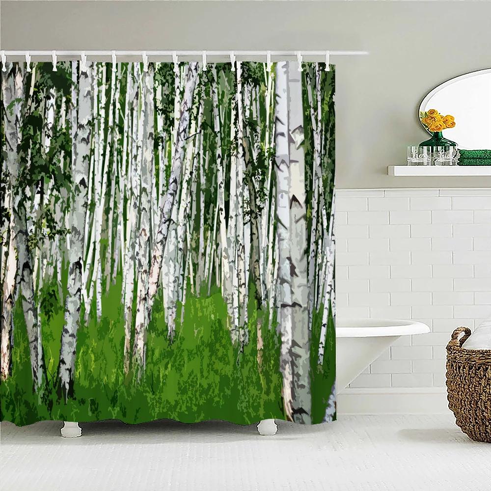 

Birch Forest Trees Printed Shower Curtain Waterproof Fabric Oil Painting Landscape Bath Curtains For Bathroom Decor With Hooks W60H190(CM)-1 Pcs