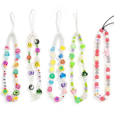 Perle Imitation Verre Fleur Couleur Bloc Rond Perle Chaîne de Téléphone Mode Tendance Étoile Champignon Pendentif Sac