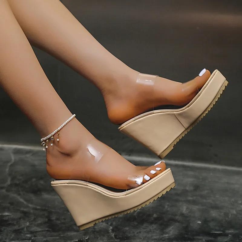 Fashion 2024 Summer New Large British Style Slope Heel Thick Sole Round Head Transparent One line Strap Casual Sandals for Women