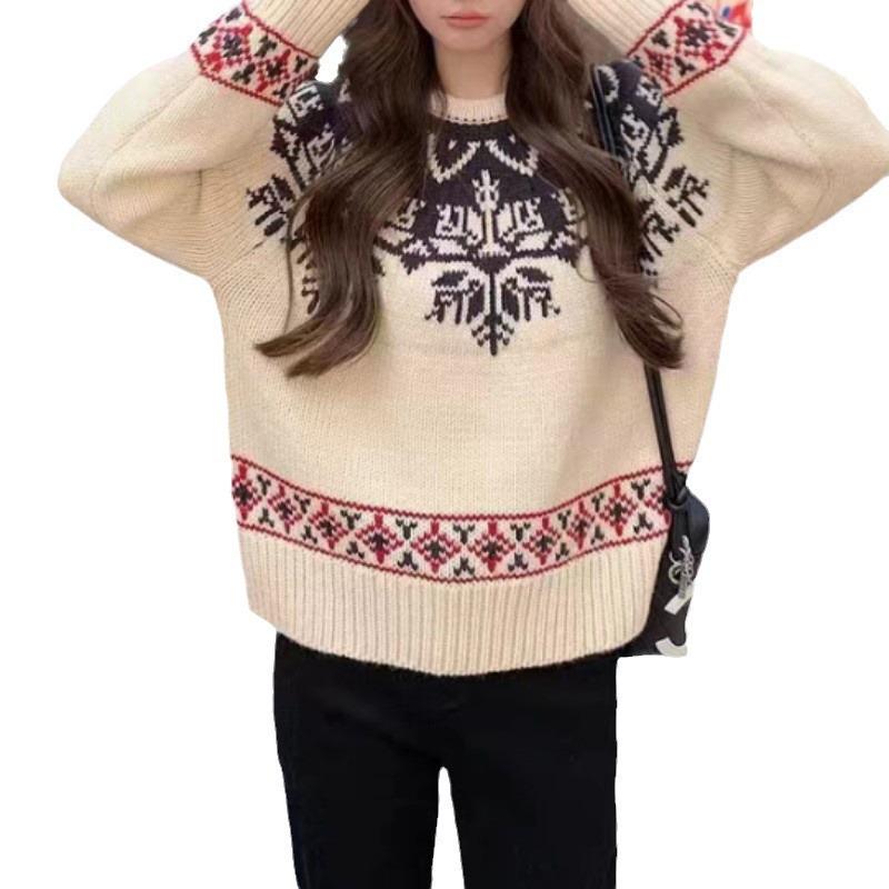 2025 Autumn/Winter Korean Style Soft Jacquard Loose Knit Pullover Sweater for Women