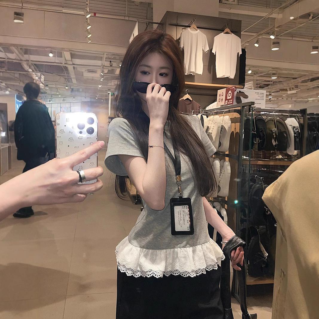 

Splicing Short-sleeved T-shirt Women s Summer Slim-fitting and Thin Student Top S