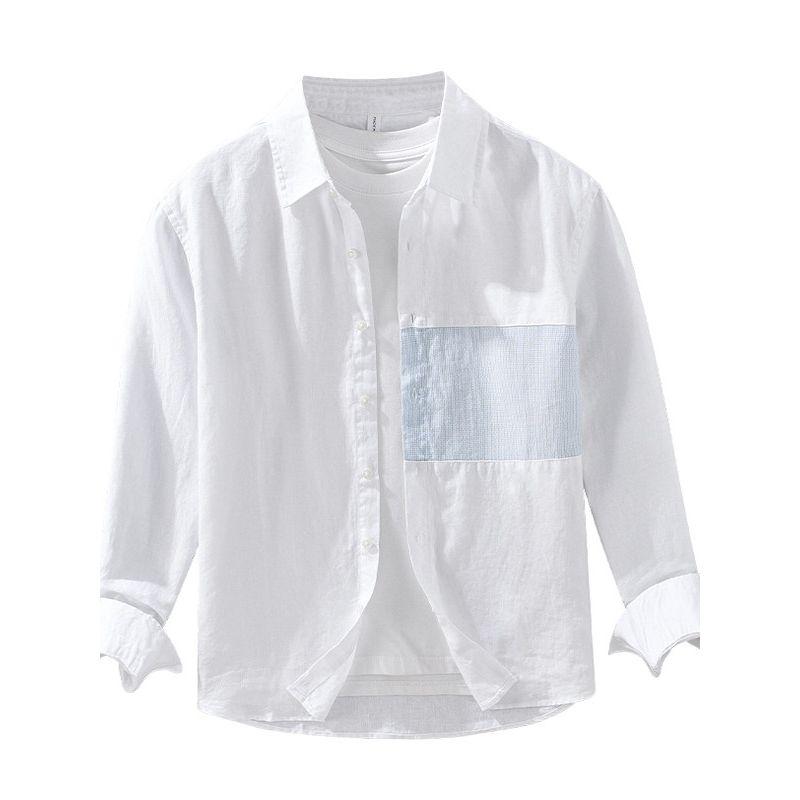 Foreign Trade Surplus Pure Linen Patchwork Long-Sleeve Shirt for Men, New Spring/Autumn Trendy Casual Retro Design Shirt